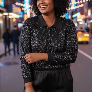 Ellen Tracy Black Sparkle Button-Up Blouse
